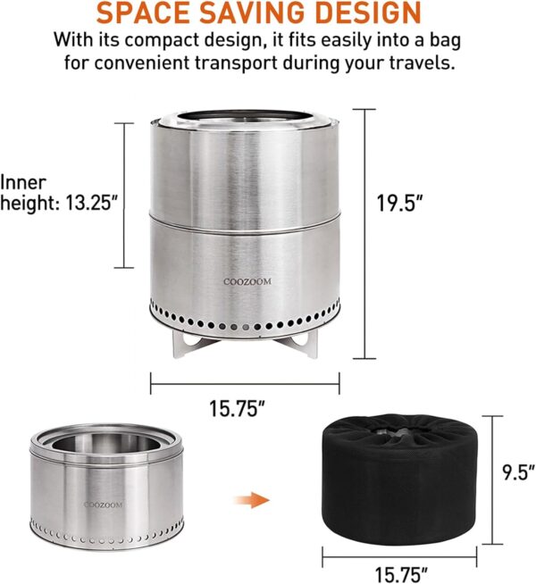 COOZOOM 15 Inch Portable Smokeless Fire Pit with Stand