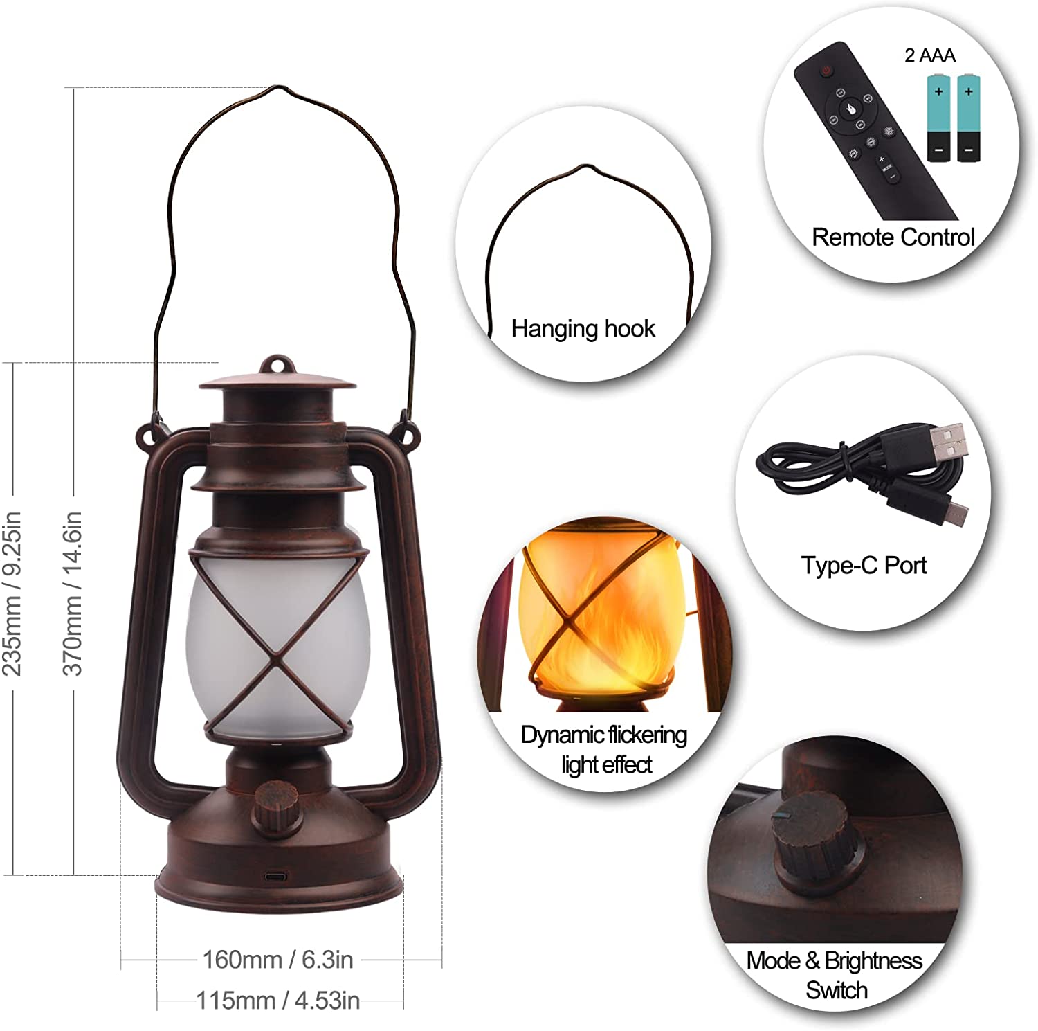 11 Vintage Style Decorative Lantern,Flame Effect LED Lantern,(Golden  Brushed Black,Remote Control) Indoor Outdoor Hanging Lantern,Decorative  Lanterns
