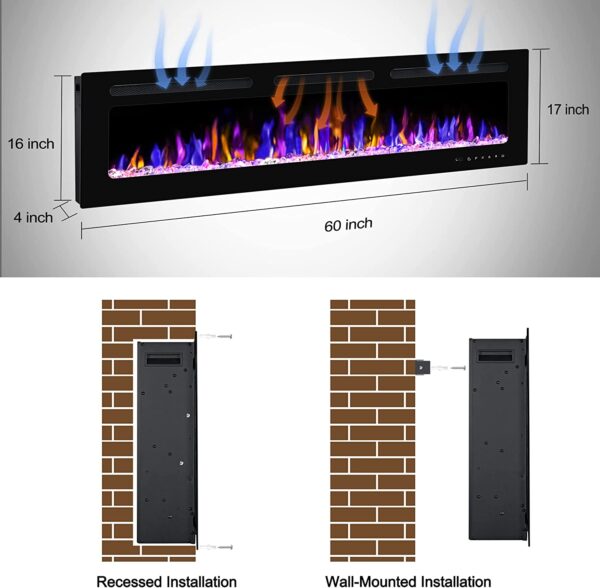 BETELNUT 60" Electric Fireplace Wall Mounted and Recessed with Remote Control
